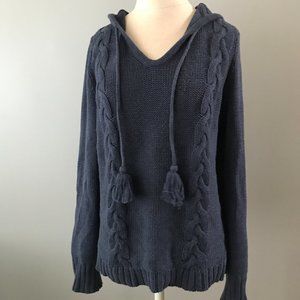 Natural Reflections Cabled Navy Blue Hooded Pullover Sweater Large